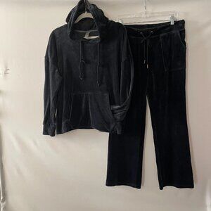 Green Tea Womens Black Velour 2 Piece Hoodie & Wide Leg Pants Outfit Size XL/L